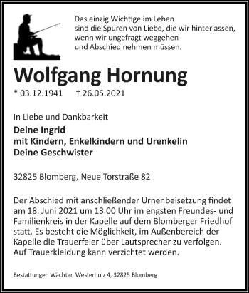 Anzeige  Wolfgang Hornung  Lippische Landes-Zeitung