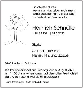 Anzeige  Heinrich Schnülle  Lippische Landes-Zeitung