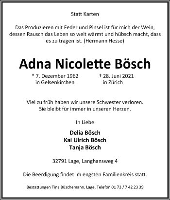 Anzeige  Adna Nicolette Bösch  Lippische Landes-Zeitung