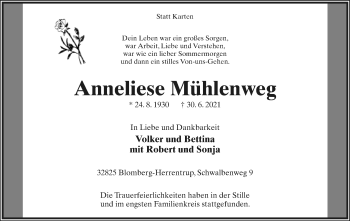Anzeige  Anneliese Mühlenweg  Lippische Landes-Zeitung