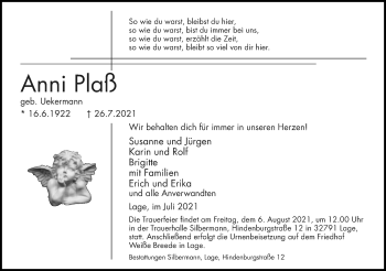Anzeige  Anni Plaß  Lippische Landes-Zeitung