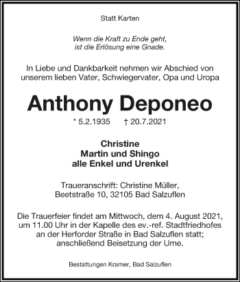 Anzeige  Anthony Deponeo  Lippische Landes-Zeitung