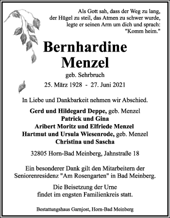 Anzeige  Bernhardine Menzel  Lippische Landes-Zeitung