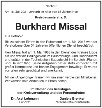 Anzeige  Burkhard Missal  Lippische Landes-Zeitung