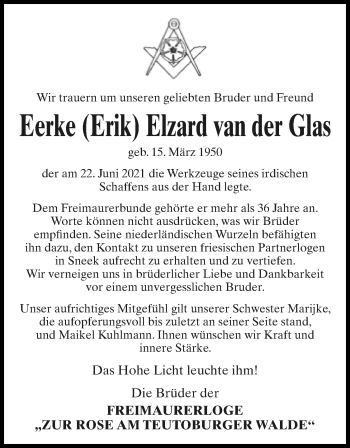 Anzeige  Eerke Elzard van der Glas  Lippische Landes-Zeitung
