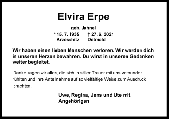 Anzeige  Elvira Erpe  Lippische Landes-Zeitung