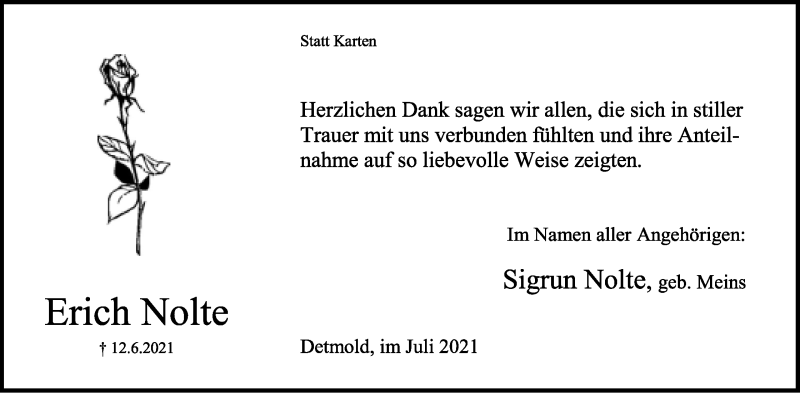  Traueranzeige für Erich Nolte vom 03.07.2021 aus Lippische Landes-Zeitung