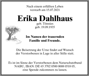 Anzeige  Erika Dahlhaus  Lippische Landes-Zeitung