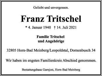 Anzeige  Franz Tritschel  Lippische Landes-Zeitung