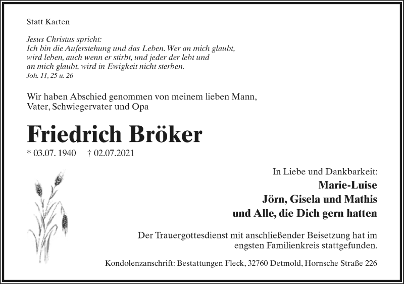  Traueranzeige für Friedrich Bröker vom 10.07.2021 aus Lippische Landes-Zeitung