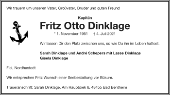 Anzeige  Fritz Otto Dinklage  Lippische Landes-Zeitung