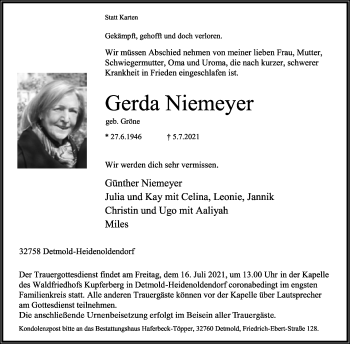 Anzeige  Gerda Niemeyer  Lippische Landes-Zeitung