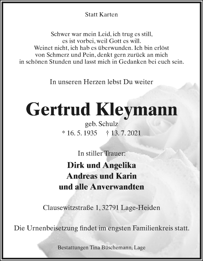 Traueranzeige für Gertrud Kleymann vom 17.07.2021 aus Lippische Landes-Zeitung