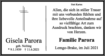 Anzeige  Gisela Parora  Lippische Landes-Zeitung