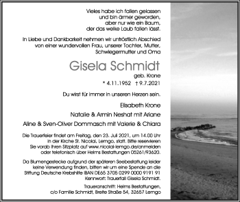Anzeige  Gisela Schmidt  Lippische Landes-Zeitung