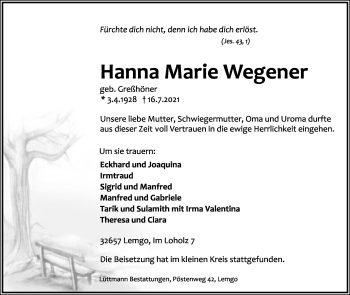 Anzeige  Hanna Marie Wegener  Lippische Landes-Zeitung