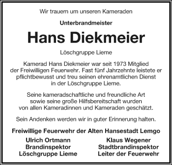 Anzeige  Hans Diekmeier  Lippische Landes-Zeitung