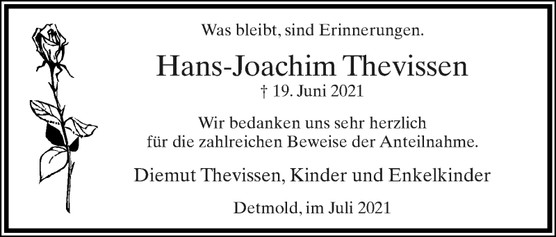  Traueranzeige für Hans-Joachim Thevissen vom 24.07.2021 aus Lippische Landes-Zeitung