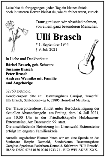 Anzeige  Hans-Ulrich Brasch  Lippische Landes-Zeitung