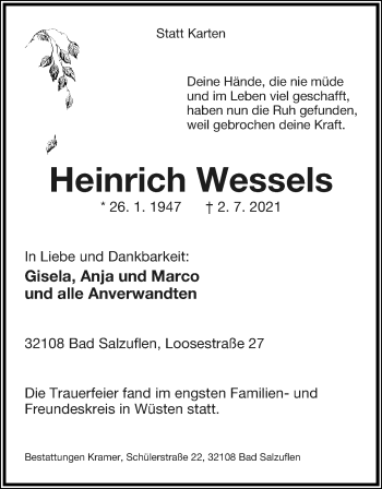 Anzeige  Heinrich Wessels  Lippische Landes-Zeitung