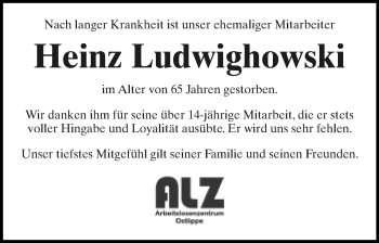 Anzeige  Heinz Ludwighowski  Lippische Landes-Zeitung