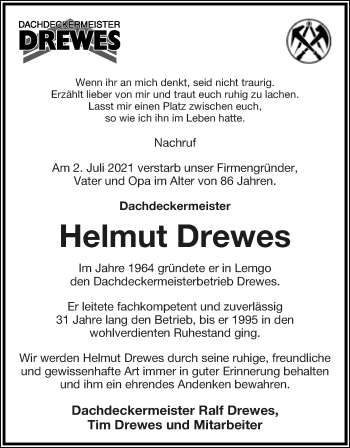 Anzeige  Helmut Drewes  Lippische Landes-Zeitung