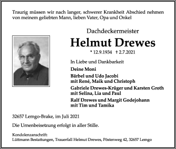 Anzeige  Helmut Drewes  Lippische Landes-Zeitung