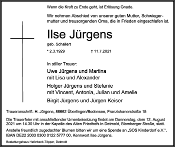 Anzeige  Ilse Jürgens  Lippische Landes-Zeitung