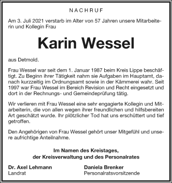 Anzeige  Karin Wessel  Lippische Landes-Zeitung