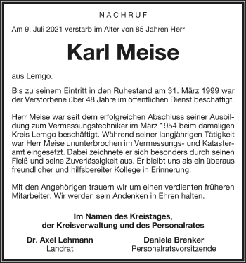 Anzeige  Karl Meise  Lippische Landes-Zeitung