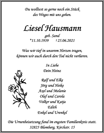 Anzeige  Liesel Hausmann  Lippische Landes-Zeitung