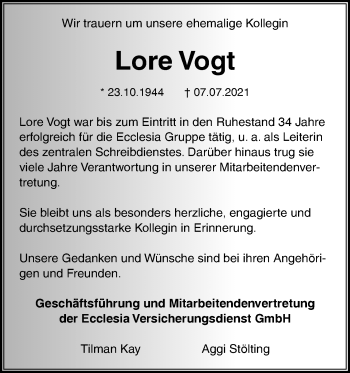 Anzeige  Lore Vogt  Lippische Landes-Zeitung