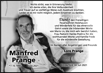 Anzeige  Manfred Prange  Lippische Landes-Zeitung