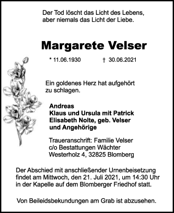 Anzeige  Margarete Velser  Lippische Landes-Zeitung