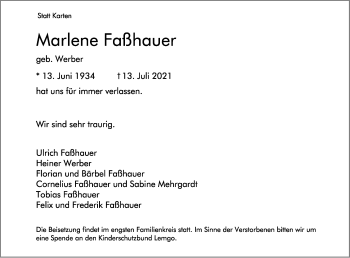 Anzeige  Marlene Faßhauer  Lippische Landes-Zeitung