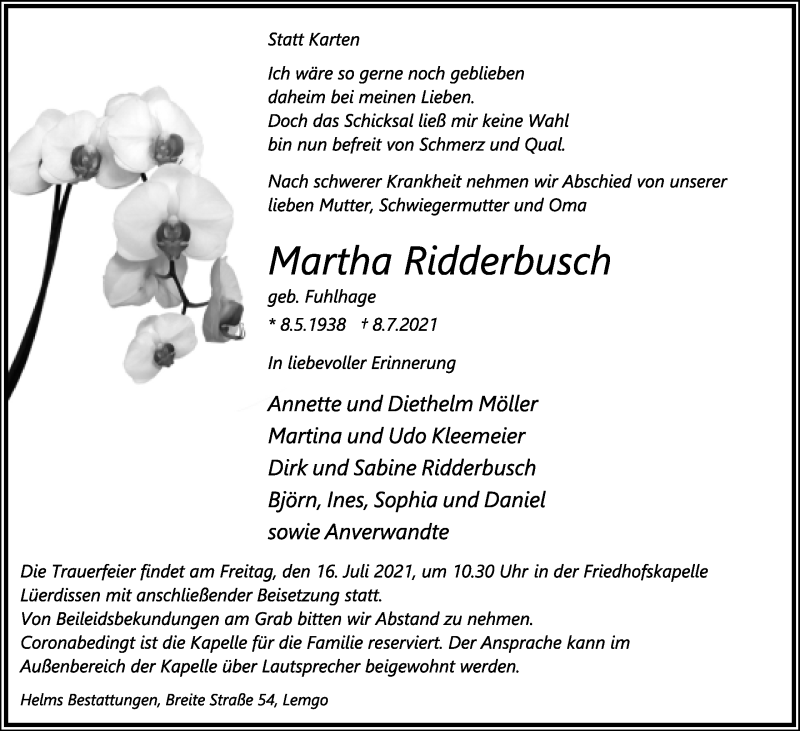  Traueranzeige für Martha Ridderbusch vom 14.07.2021 aus Lippische Landes-Zeitung