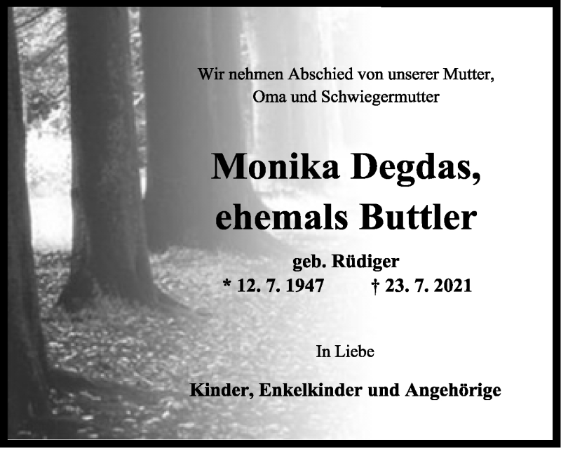  Traueranzeige für Monika Degdas vom 31.07.2021 aus Lippische Landes-Zeitung