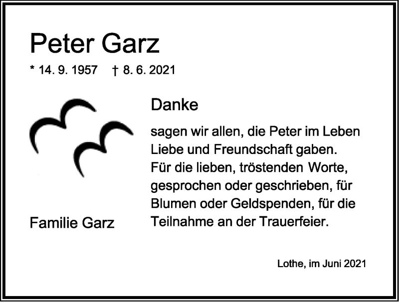  Traueranzeige für Peter Garz vom 03.07.2021 aus Lippische Landes-Zeitung