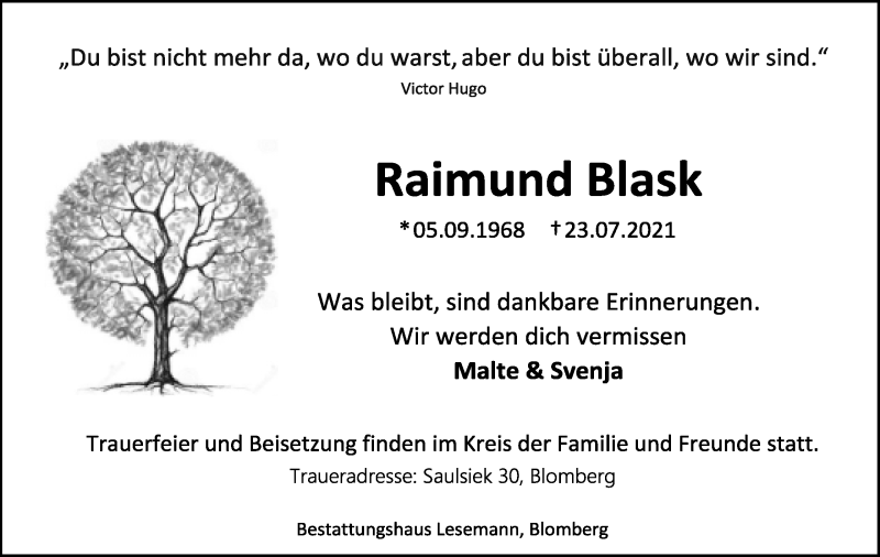  Traueranzeige für Raimund Blask vom 26.07.2021 aus Lippische Landes-Zeitung