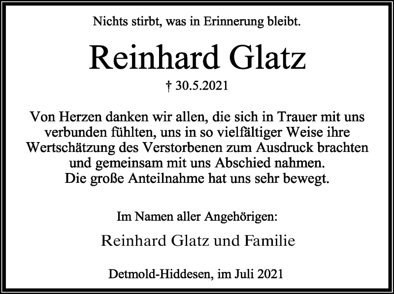  Traueranzeige für Reinhard Glatz vom 03.07.2021 aus Lippische Landes-Zeitung