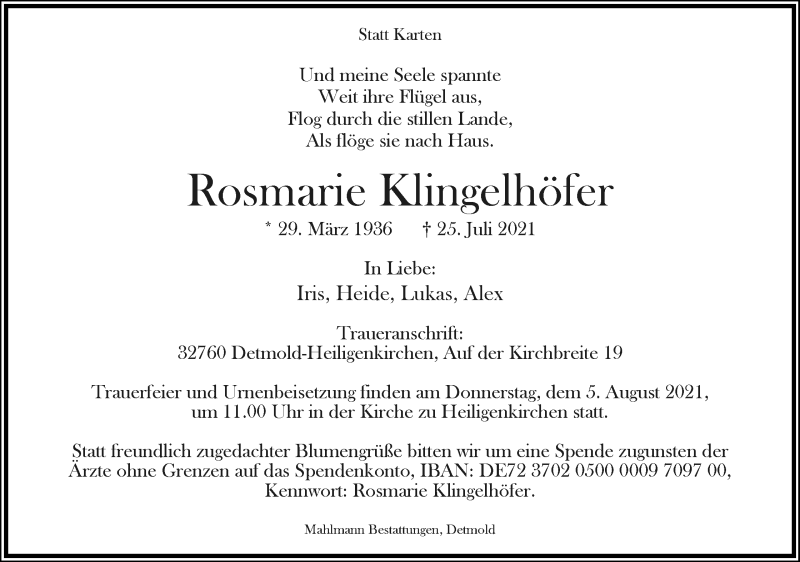  Traueranzeige für Rosmarie Klingelhöfer vom 31.07.2021 aus Lippische Landes-Zeitung