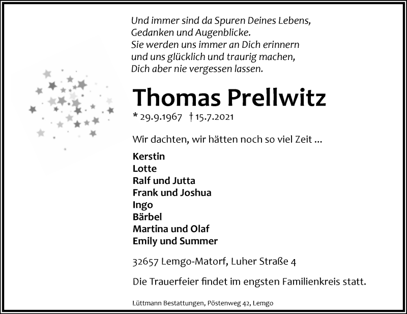 Traueranzeige für Thomas Prellwitz vom 21.07.2021 aus Lippische Landes-Zeitung