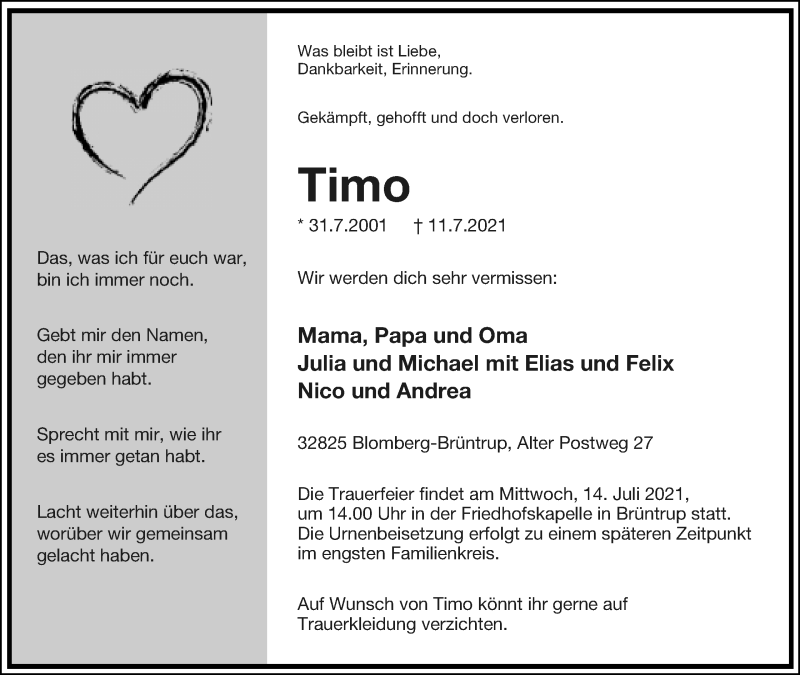  Traueranzeige für Timo Brand vom 13.07.2021 aus Lippische Landes-Zeitung