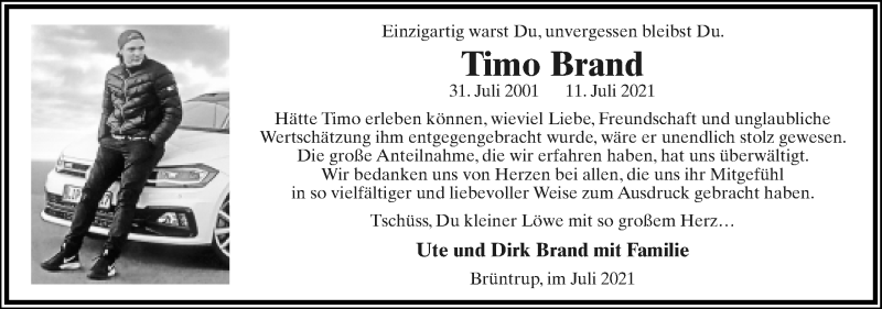  Traueranzeige für Timo Brand vom 31.07.2021 aus Lippische Landes-Zeitung