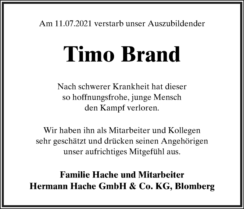  Traueranzeige für Timo Brand vom 17.07.2021 aus Lippische Landes-Zeitung