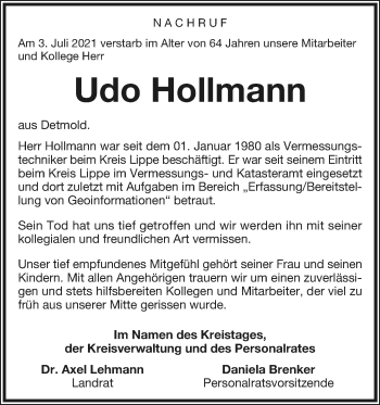 Anzeige  Udo Hollmann  Lippische Landes-Zeitung