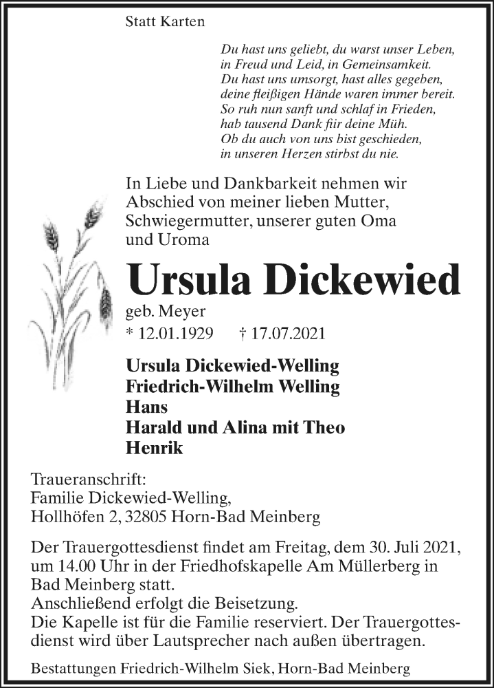  Traueranzeige für Ursula Dickewied vom 24.07.2021 aus Lippische Landes-Zeitung