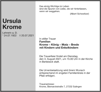 Anzeige  Ursula Krome  Lippische Landes-Zeitung