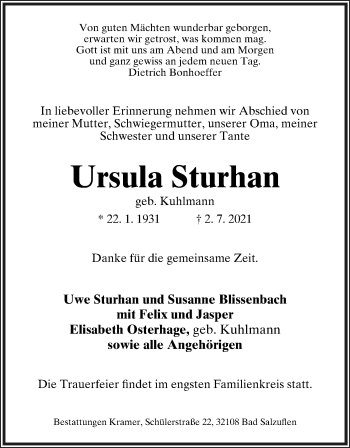 Anzeige  Ursula Sturhan  Lippische Landes-Zeitung