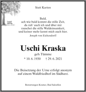 Anzeige  Uschi Kraska  Lippische Landes-Zeitung